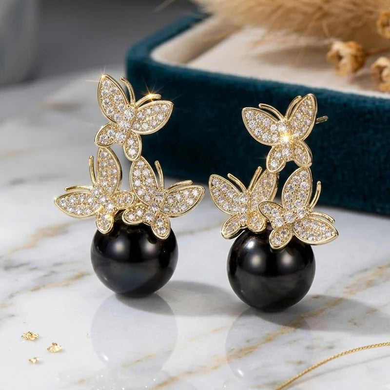 Huitan Butterfly Drop Earrings – CZ & Pearl Wedding Jewelry Drop Earrings Axl