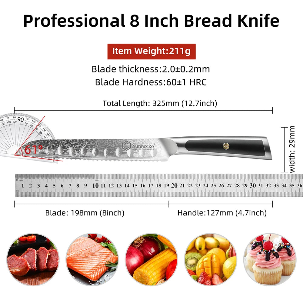 Sunnecko 7-Pc Damascus Chef Knife Set | VG10 Steel HRC60+ Damascus Knife Set Axl 8 Inch Bread Knife China Mainland