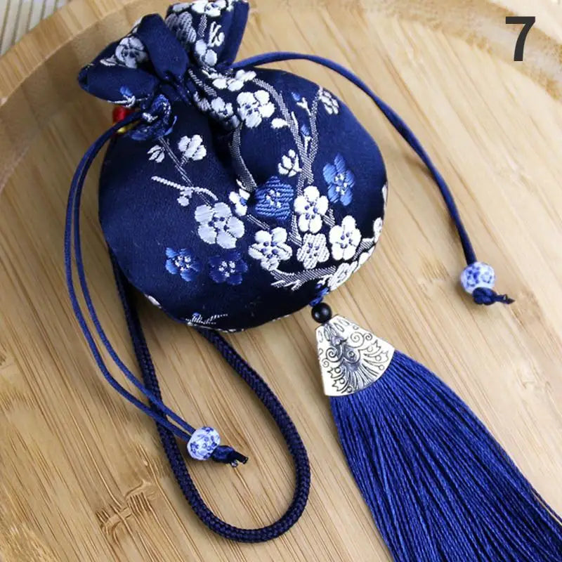 Vintage Brocade Sachet Bag – Hanfu Tassel Car Hang & Storage Decorative Sachet Pouch Axl navy blue