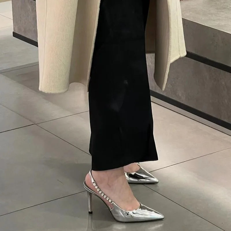 Women's Crystal Slingback Heels – Pointed Toe Metallic Pumps Slingback Heel Pumps Axl