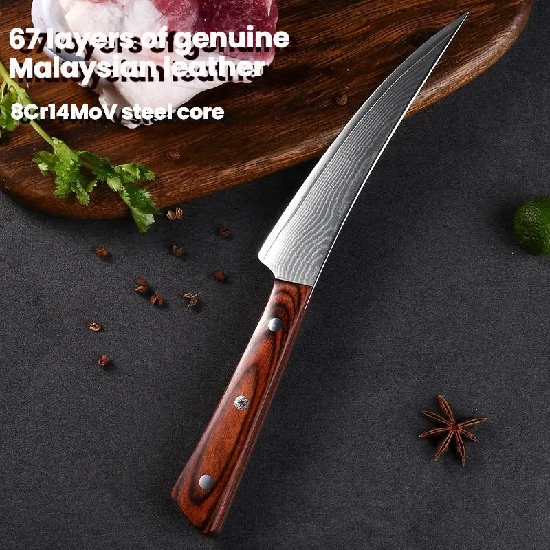 Damascus Steel Boning Knife – 67-Layer Full Tang Fillet Knife Damascus Kitchen Knife Axl