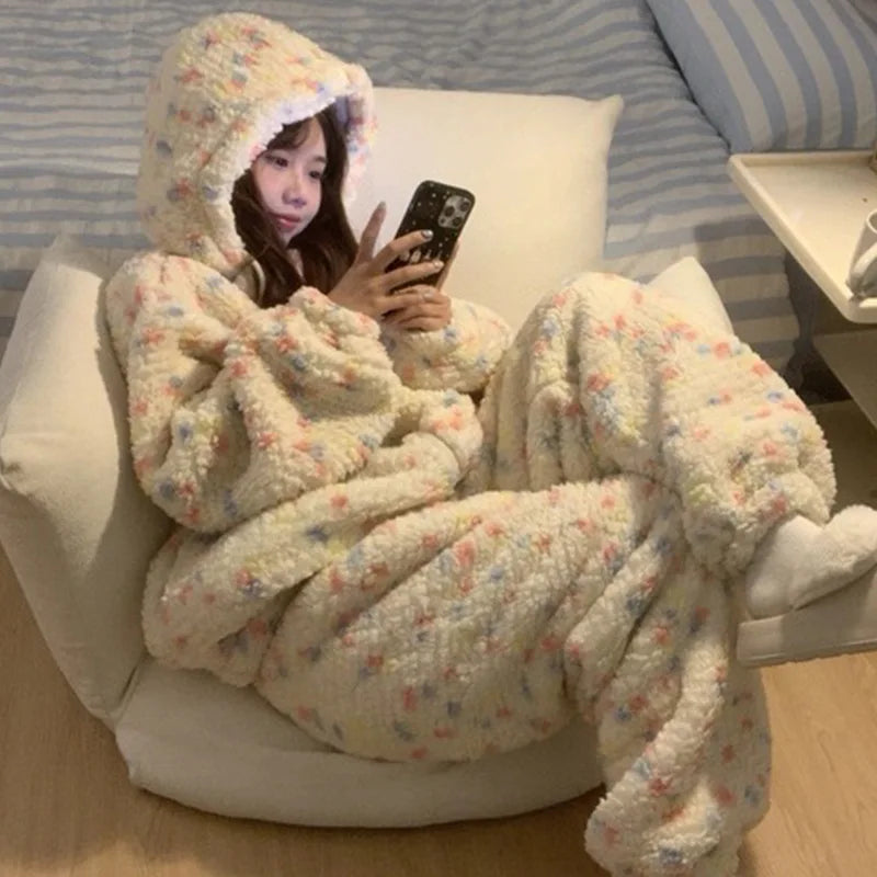 Women's Hooded Fleece Onesie Pajamas | Cartoon Print Sleepwear Fleece Onesie Pajamas Axl