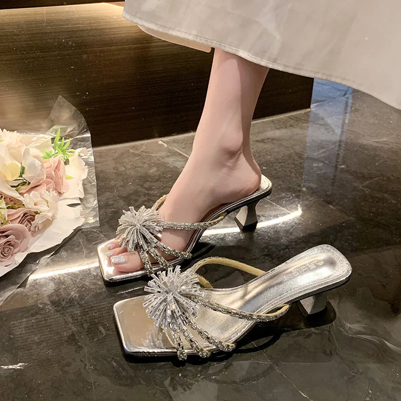 Rhinestone Chunky Heel Sandals – Square Toe Party Slippers Heeled Sandals Axl