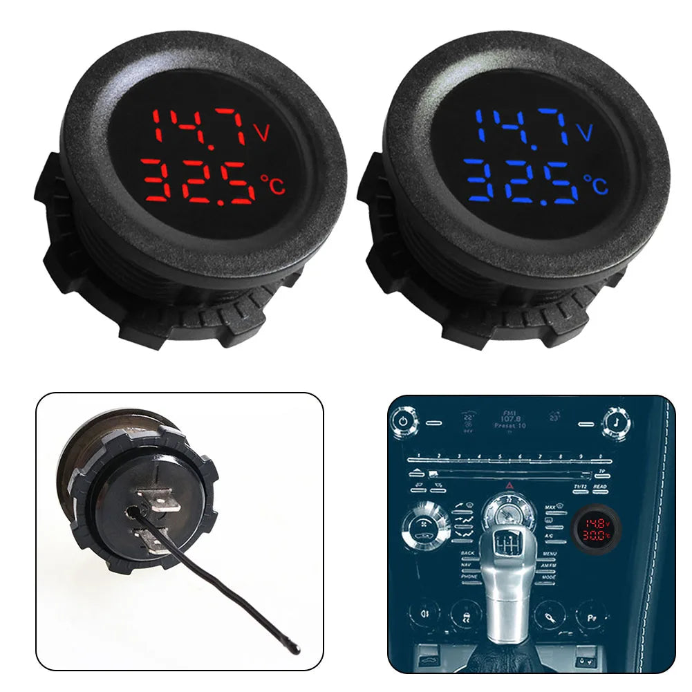 Round LED Voltmeter & Thermometer – DC 12V-24V Car Motorcycle Digital Panel Voltmeter Axl