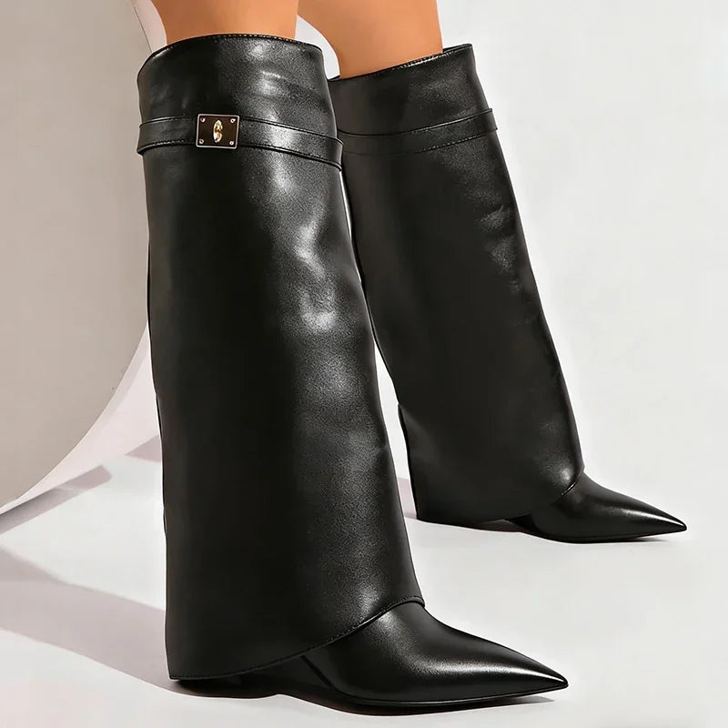 Women's Black Knee High Wedge Boots – Pointed Toe Punk Style Knee High Boots Axl