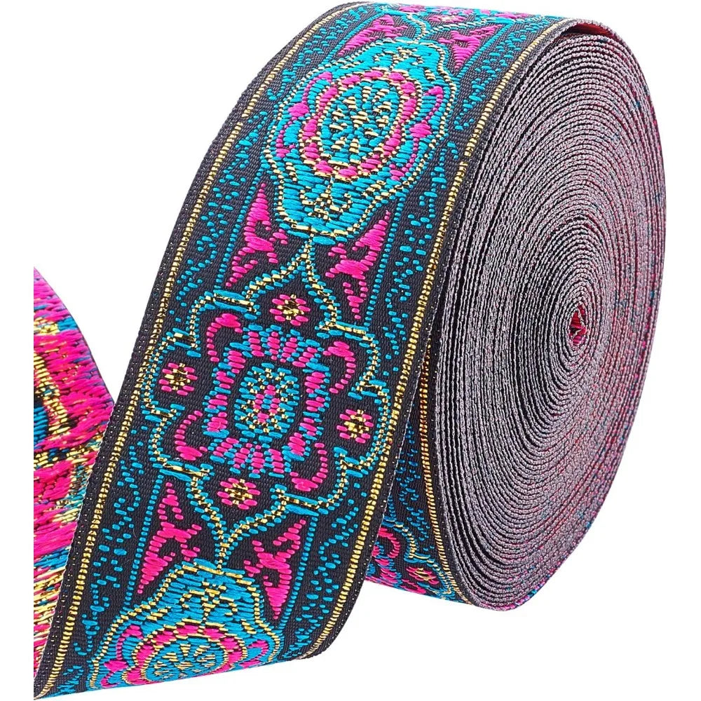 Ethnic Floral Embroidery Ribbon 33mm Magenta – 7m Polyester Embroidery Ribbon Axl AECH04-18197