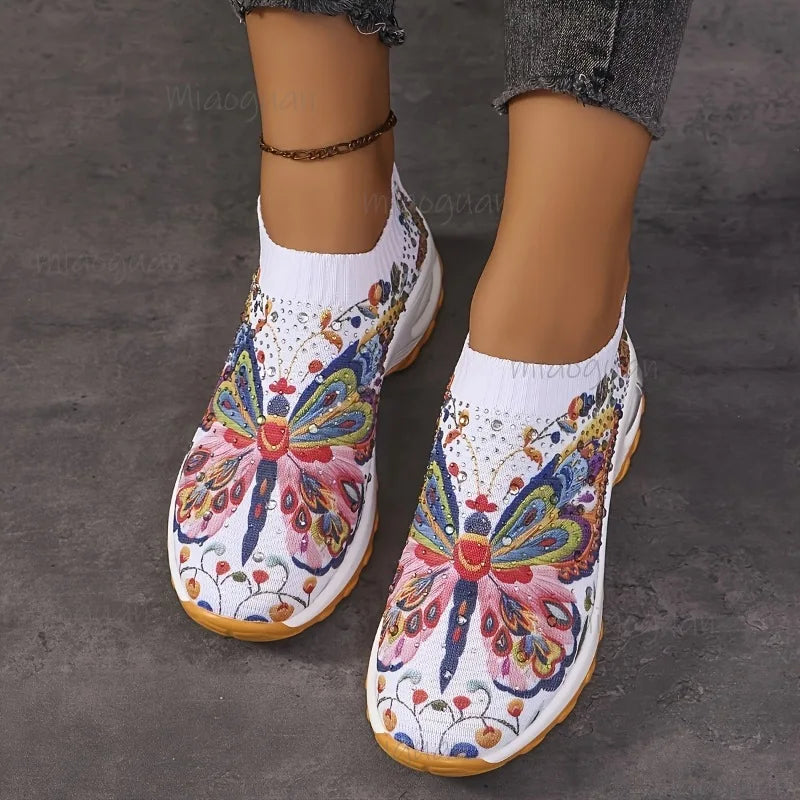 Women's Butterfly Print Platform Sneakers | Knit Slip-On Platform Sneakers Axl