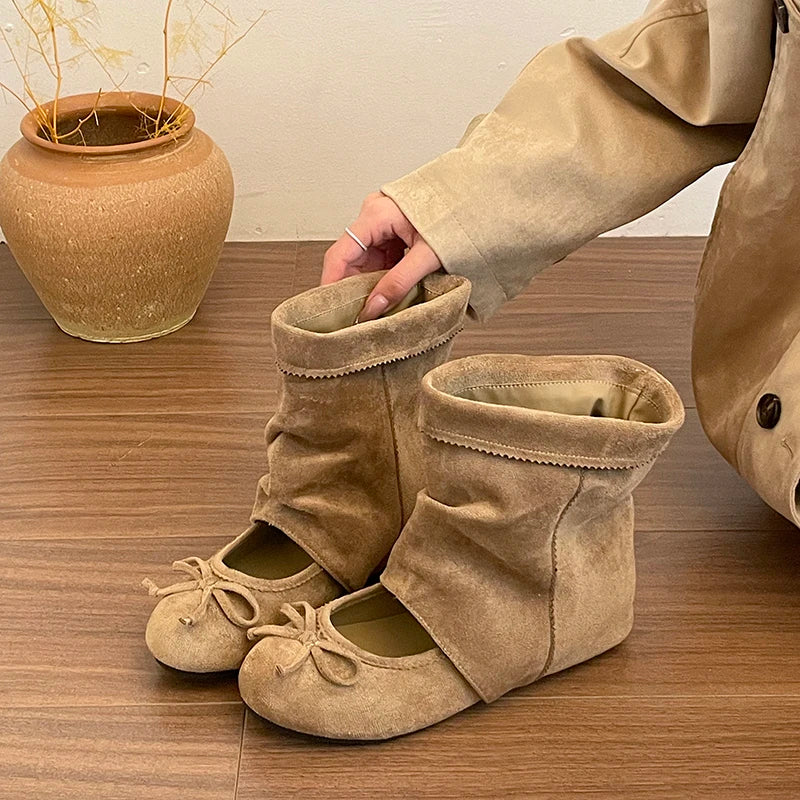 Women's Vintage Suede Mid-Calf Booties Butterfly-Knot Wedge Mid-Calf Wedge Booties Axl Khaki 36