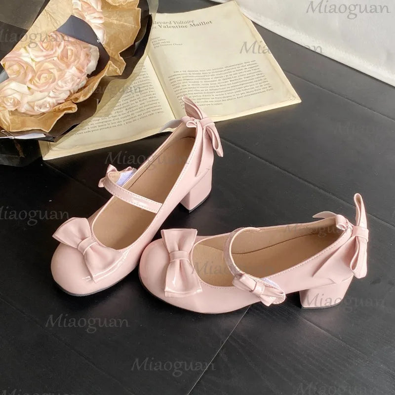Lolita Mary Jane Pumps – Butterfly-Knot Round Toe Mid Heel Mary Jane Pumps Axl