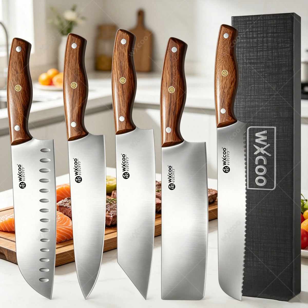 WXCOO Japanese Santoku Knife Set – 5-Piece Stainless Steel Kitchen Knife Set Axl 5PCS