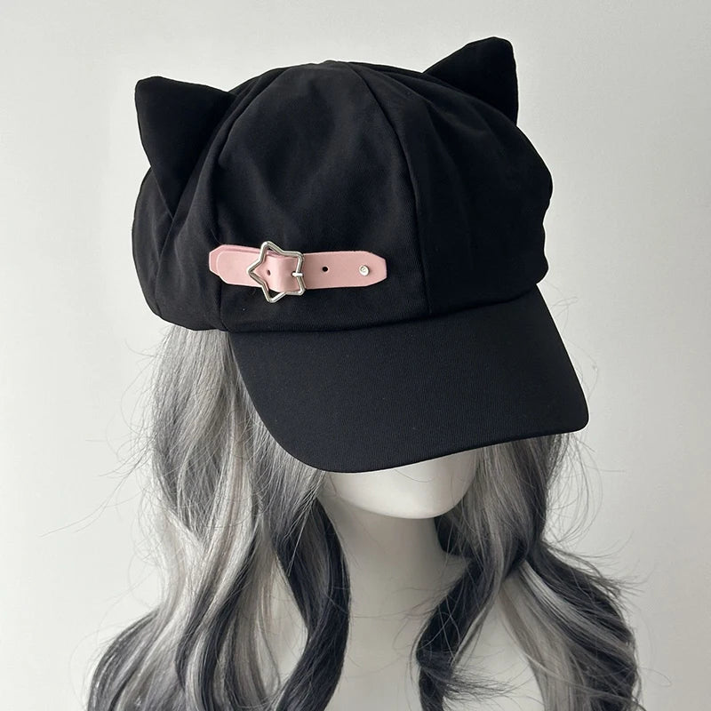 Women's Cat Ear Gothic Beret – Y2K Harajuku Punk Cotton Hat Gothic Beret Hat Axl one size pink