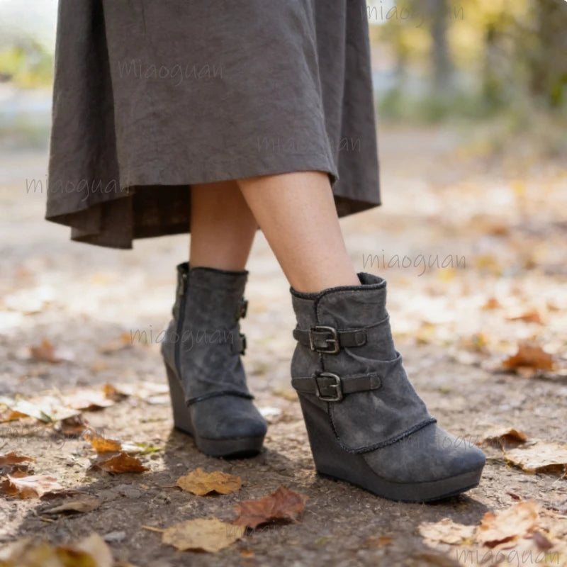 Women's Wedge Ankle Boots – Zip Round Toe Retro Booties Wedge Ankle Boots Axl