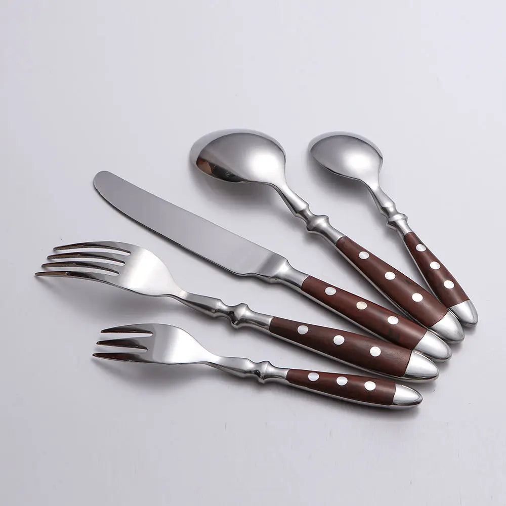 6-Piece Wood-Grain Stainless Steel Cutlery Set | Knife Fork Spoon Flatware Cutlery Set Axl