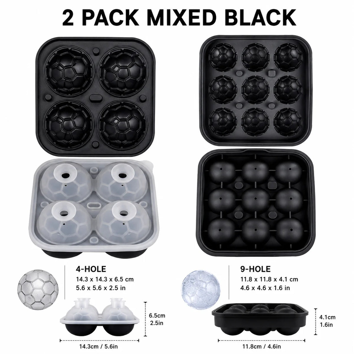 3D Soccer Ball Silicone Ice Mold – 9-Cavity Football Sphere Tray Silicone Ice Mold Axl 2 PACK Mixed Black