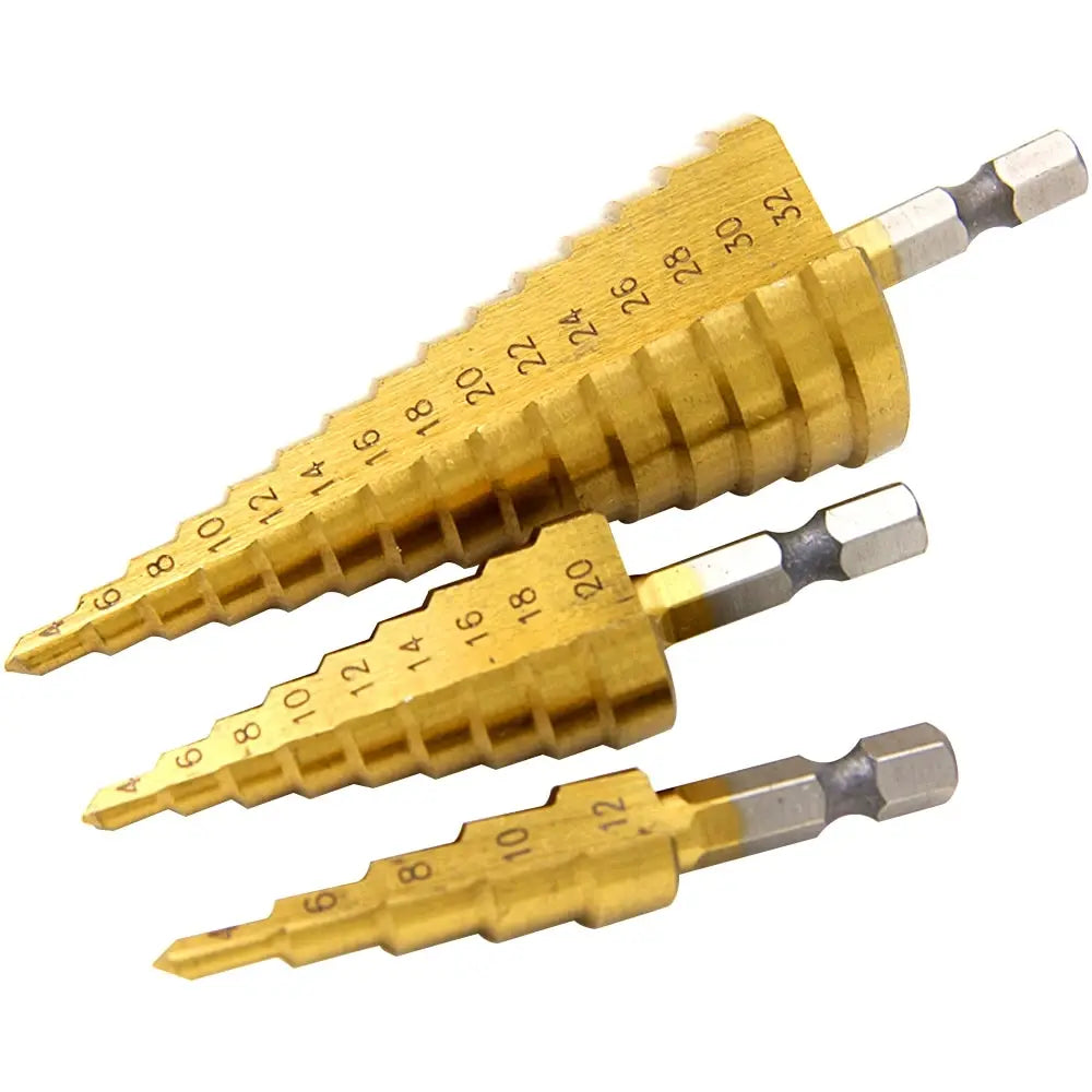 3-Piece Titanium Step Drill Bit Set – 4-12/4-20/4-32mm Hex Step Drill Bit Set Axl