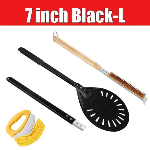 3-Pc Pizza Peel Set – Long Handle, Oven Brush & Wheel Cutter Pizza Peel Set Axl 7 inch Black Set-L