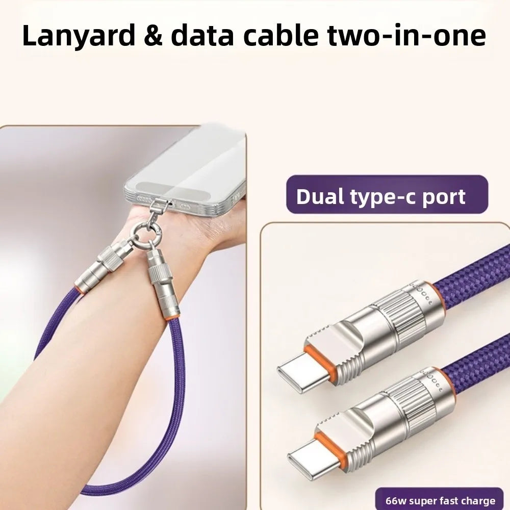 2-in-1 Type-C Phone Lanyard – PD 66W Fast Charging Braided Strap Phone Charging Lanyard Axl