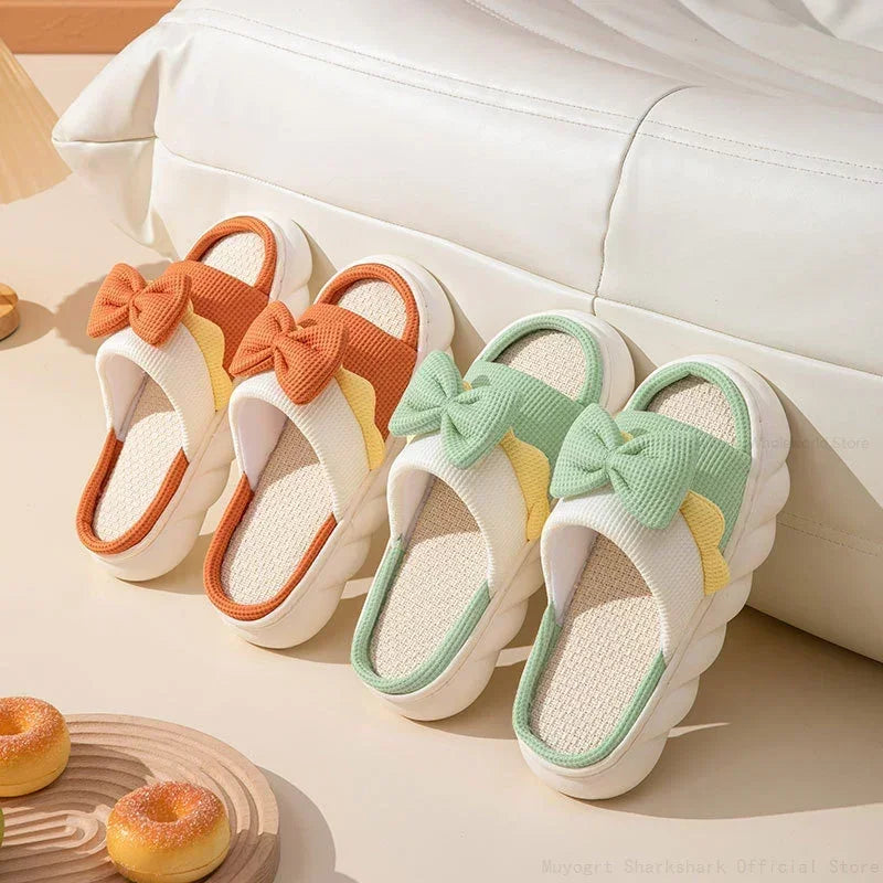 Women's Linen Bowknot Slippers – Anti-Slip Flat Cotton Slides House Slippers Axl