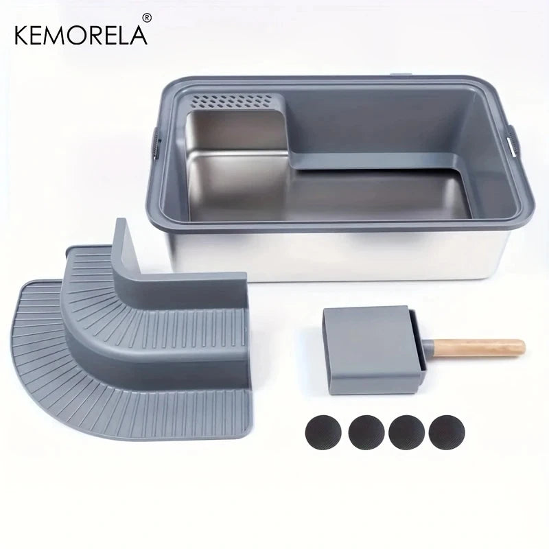 KEMORELA 20L Stainless Steel Cat Litter Box with Stair Foot Pad Cat Litter Box Axl