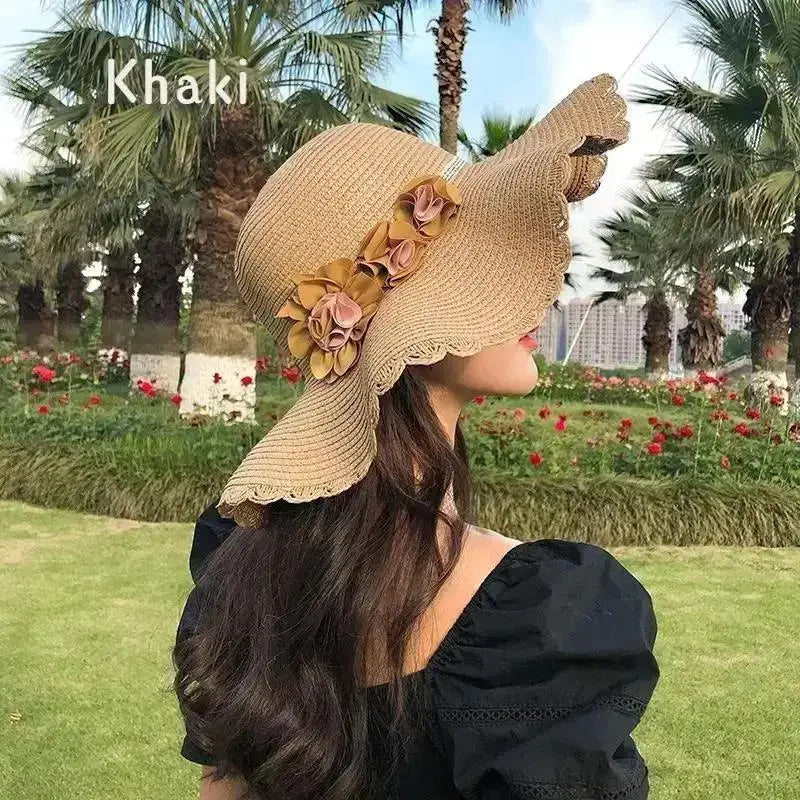 Women's Woven Floral Sun Hat – Breathable Summer Beach Hat Woven Sun Hat Axl Khaki