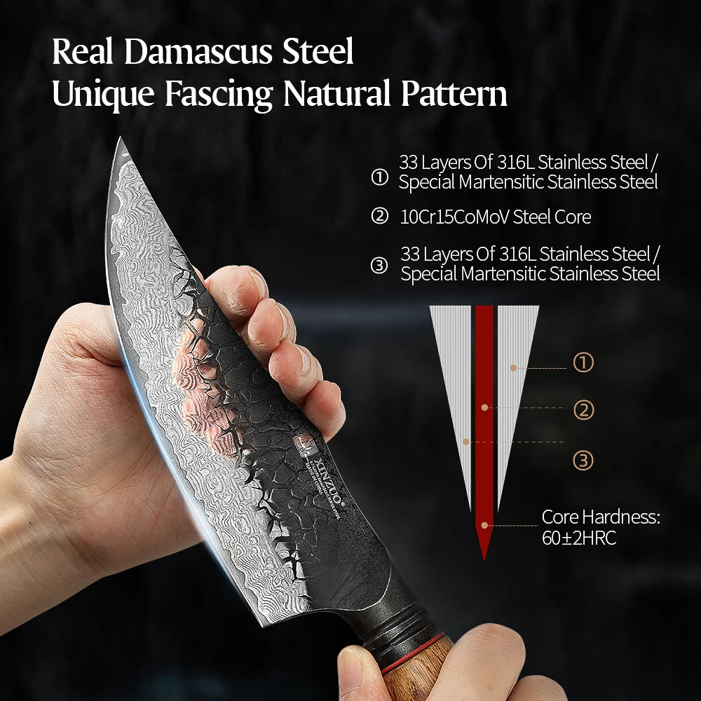 XINZUO Damascus Viking Knife 5.87" – 67-Layer Steel, Oak Handle Damascus Kitchen Knife Axl