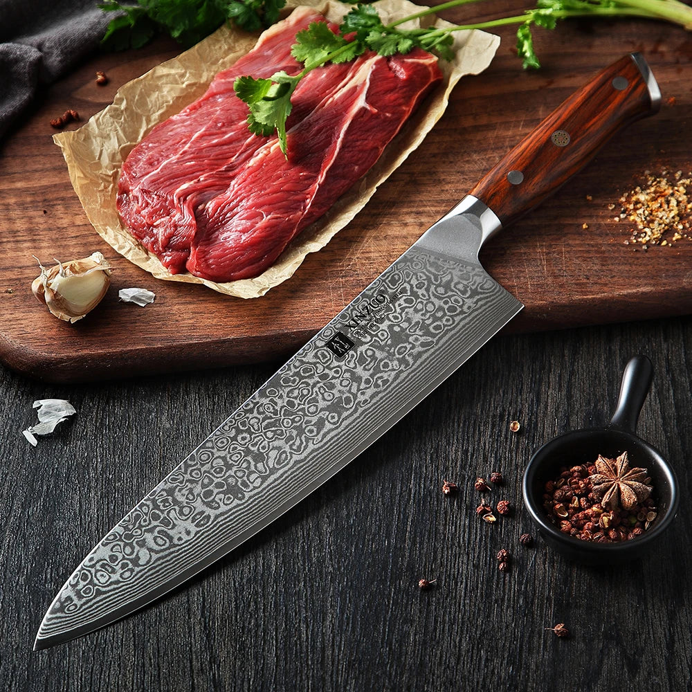 XINZUO 10-Inch Damascus Chef Knife – 67-Layer Rosewood Handle Damascus Chef Knife Axl