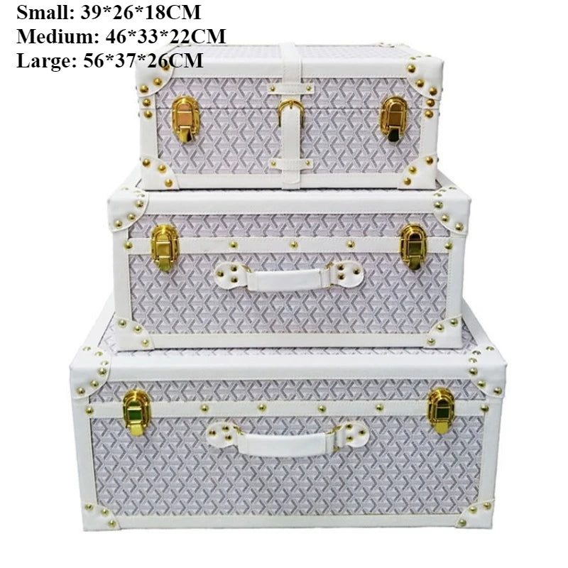 Retro Leather Storage Box Set – S/M/L Lidded Home Organizer Decorative Storage Box Axl White Classic