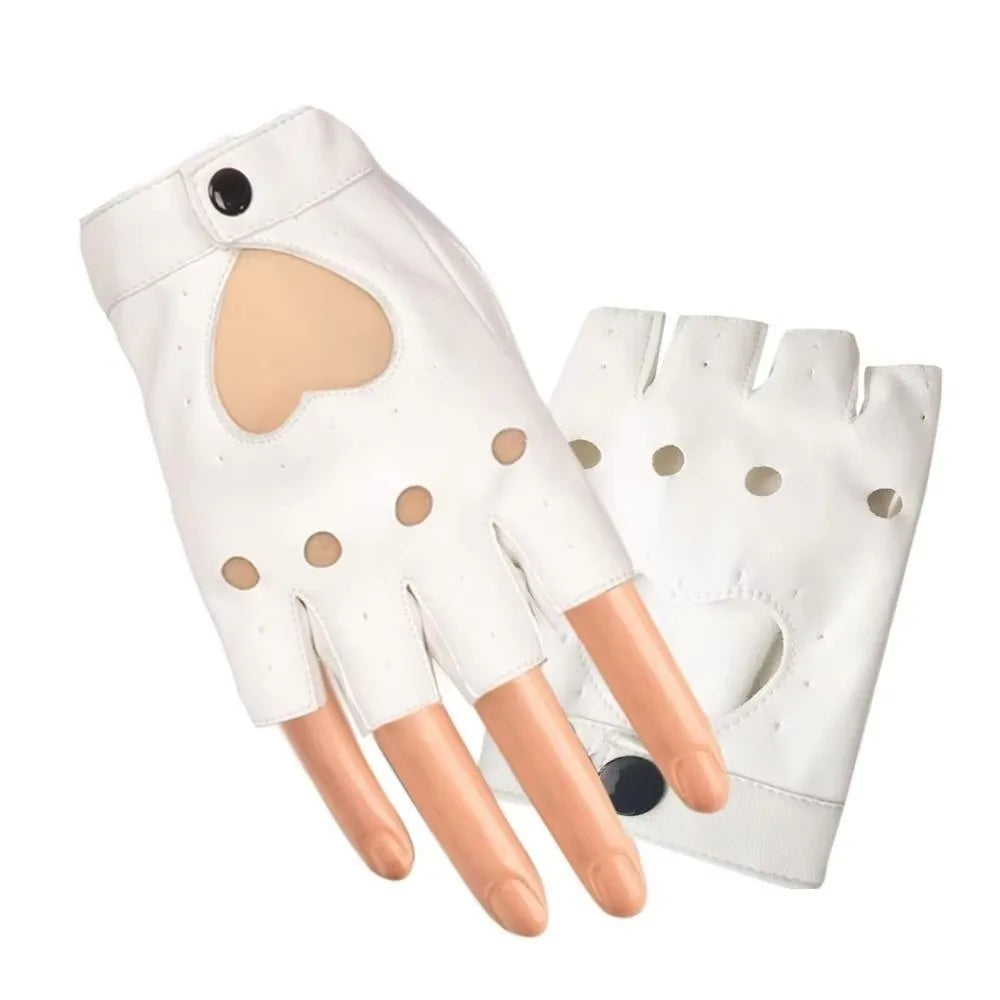 Y2K Punk PU Leather Fingerless Gloves | Heart Hollow Half Finger Fingerless Fashion Gloves Axl White