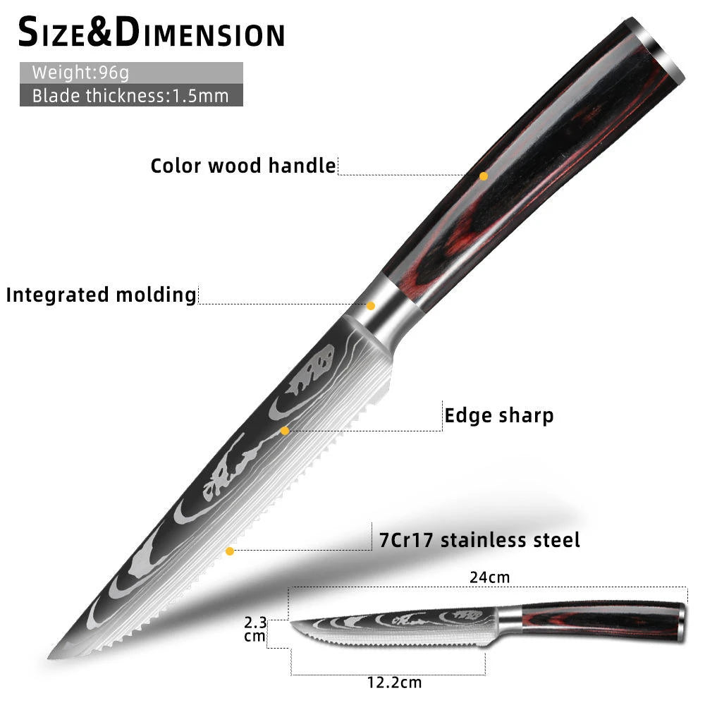 Damascus Stainless Steel Steak Knife – Colored Wood Handle Set Steak Knife Set Axl