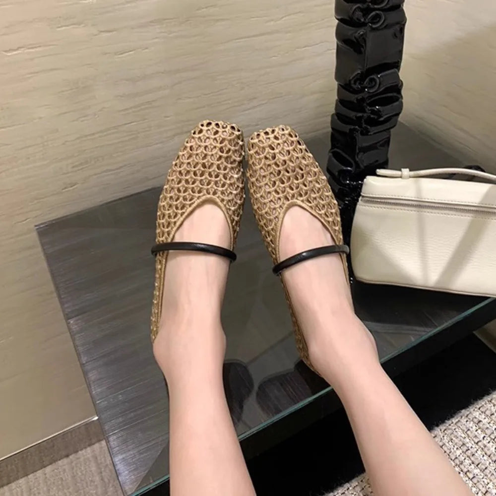 Women's Cut-Out Mary Jane Flats – Woven Fishnet Square Toe Mary Jane Flats Axl