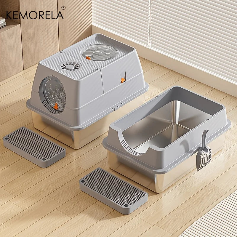 KEMORELA XL Stainless Steel Cat Litter Box – High-Sided + Scoop Cat Litter Box Axl