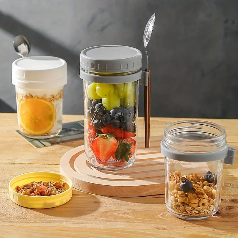 KEMORELA Overnight Oats Glass Cup with Spoon | Mason Tumbler Glass Meal Prep Cup Axl