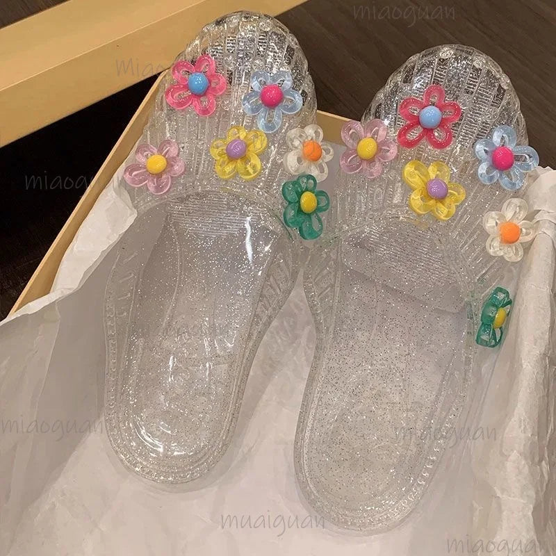 Women's Crystal Jelly Sandals – Floral Transparent Beach Slides Women's Jelly Sandals Axl