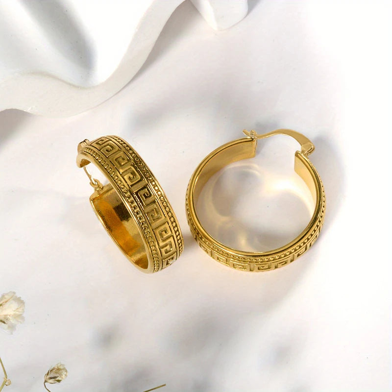 Huitan Greek Key Hoop Earrings – Vintage Geometric Women's Jewelry Hoop Earrings Axl