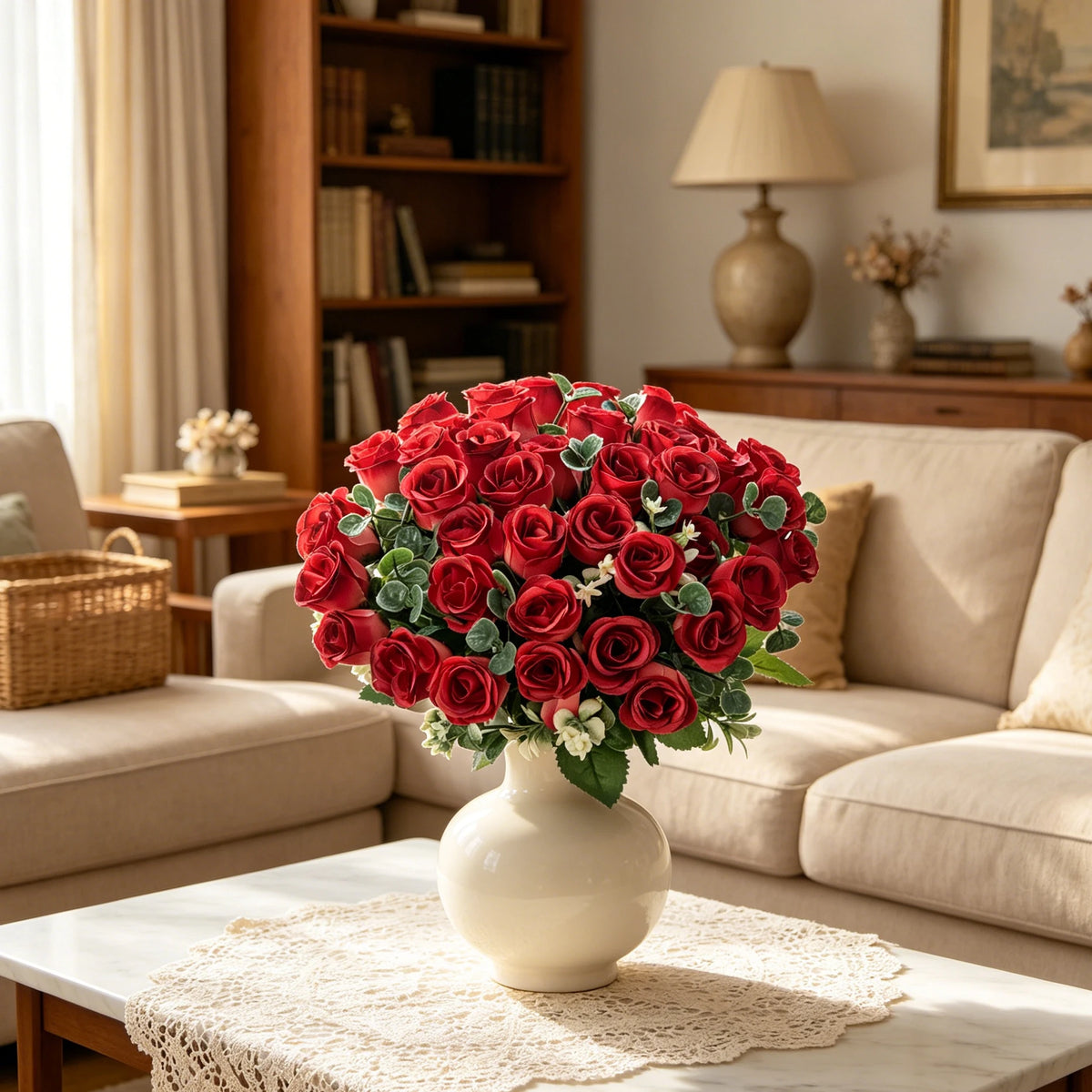 Artificial Silk Rose Bouquet | Eucalyptus Fall Home Decor Artificial Flower Bouquet Axl