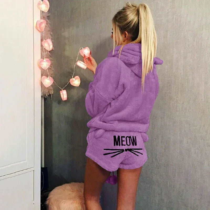 Women's Coral Velvet Hoodie Pajama Set – Cute Cat Print Pajama Set Axl