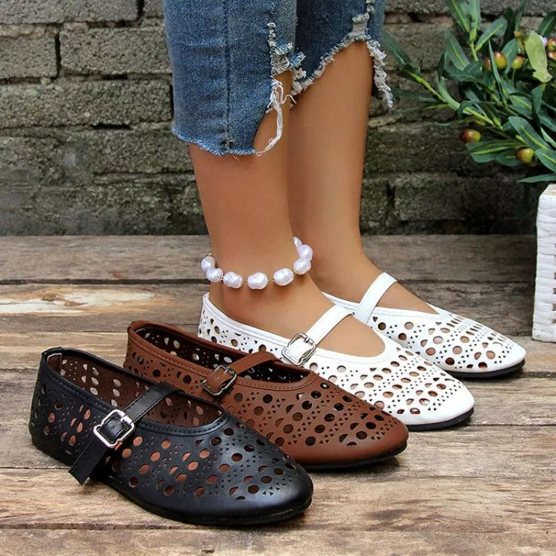 Women's Mary Jane Flats – Hollow Cutout Buckle Strap Round Toe Mary Jane Flats Axl