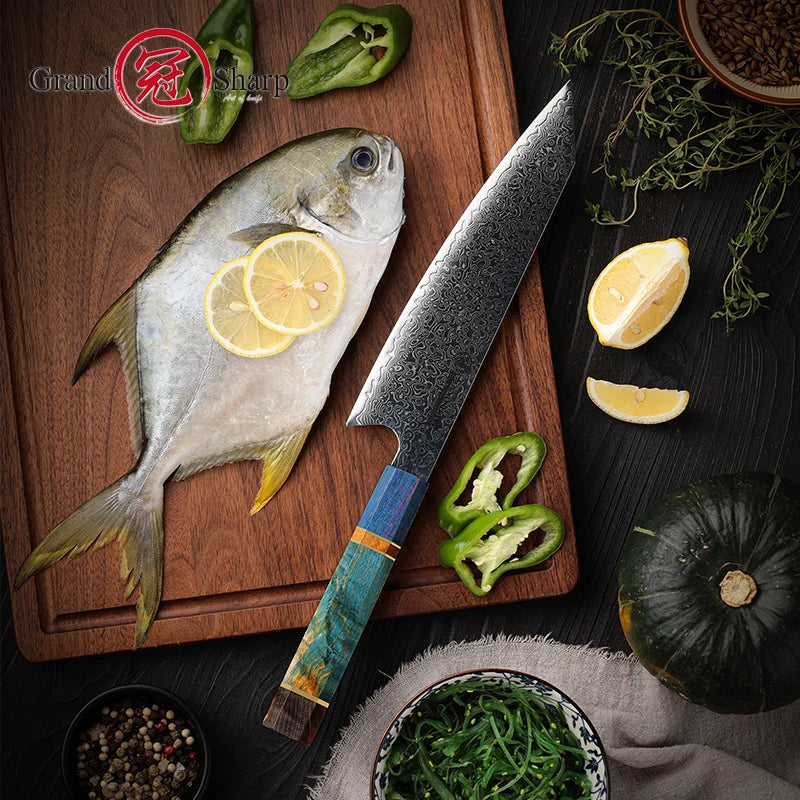 Damascus Steel Kiritsuke Chef Knife | Purple Handle | 67-Layer Kiritsuke Chef Knife Axl Default Title