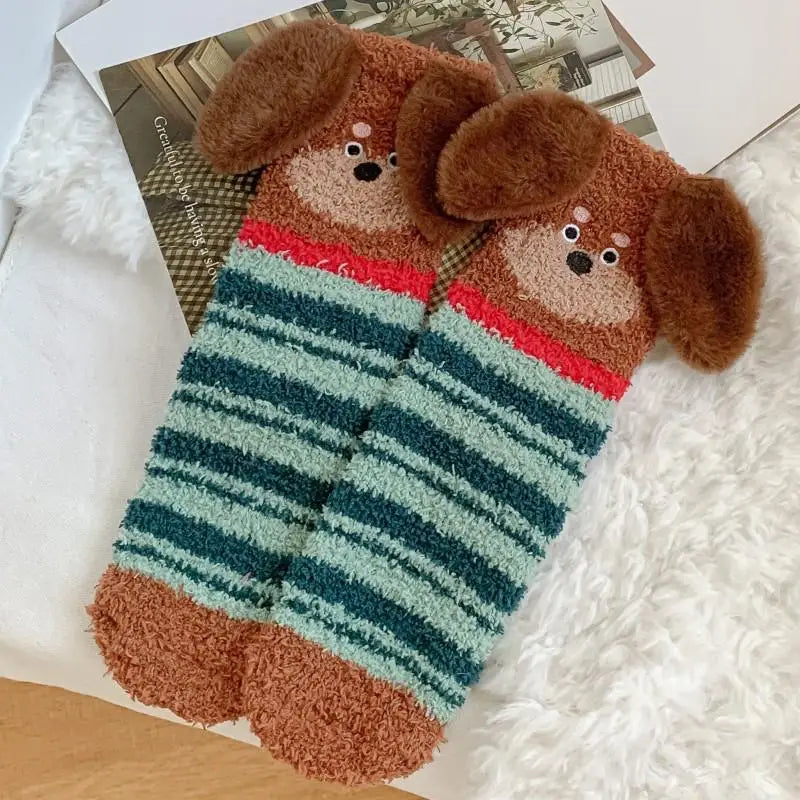Women's Fluffy Coral Fleece Socks – 3D Dog Ear Cartoon Design Novelty Fluffy Socks Axl A3 One Size