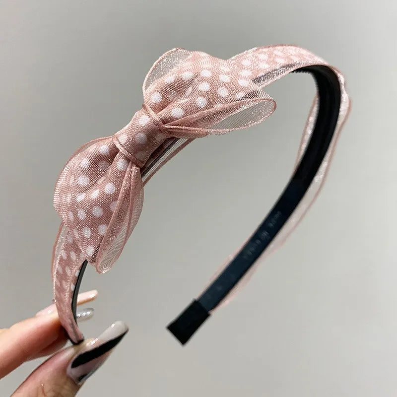 Vintage Polka Dot Organza Bow Headband – Sheer Mesh Hair Hoop Bow Hair Headband Axl