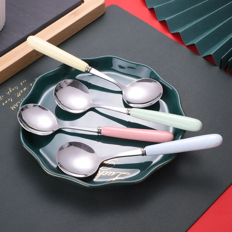 4-Piece Ceramic Handle Dessert Spoons – Stainless Steel Set Dessert Spoon Set Axl