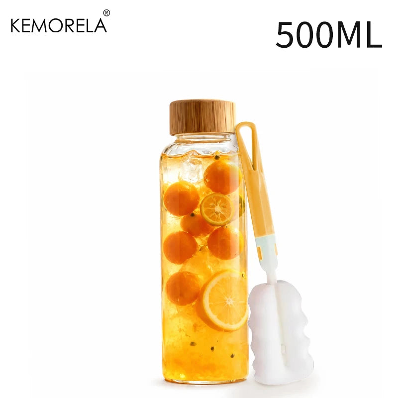 Glass Water Bottle Wooden Lid 500/750/1000ml + Cleaning Brush Glass Water Bottle Axl 500ML 500-1000ML
