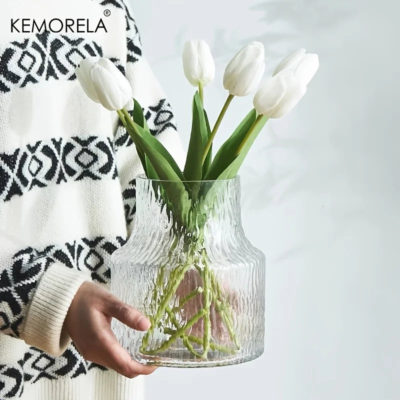 KEMORELA Vintage Textured Glass Vase | Wide Mouth Flower Vase Decorative Glass Vase Axl 1PCS