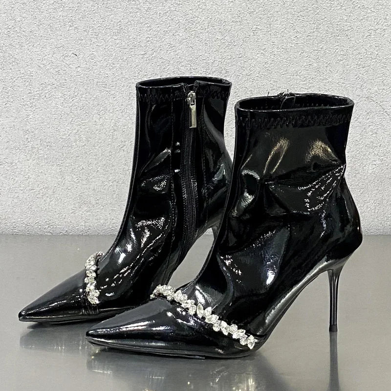 Women's Rhinestone Ankle Boots Crystal Pointed Toe High Heels Rhinestone Ankle Boots Axl Black 39