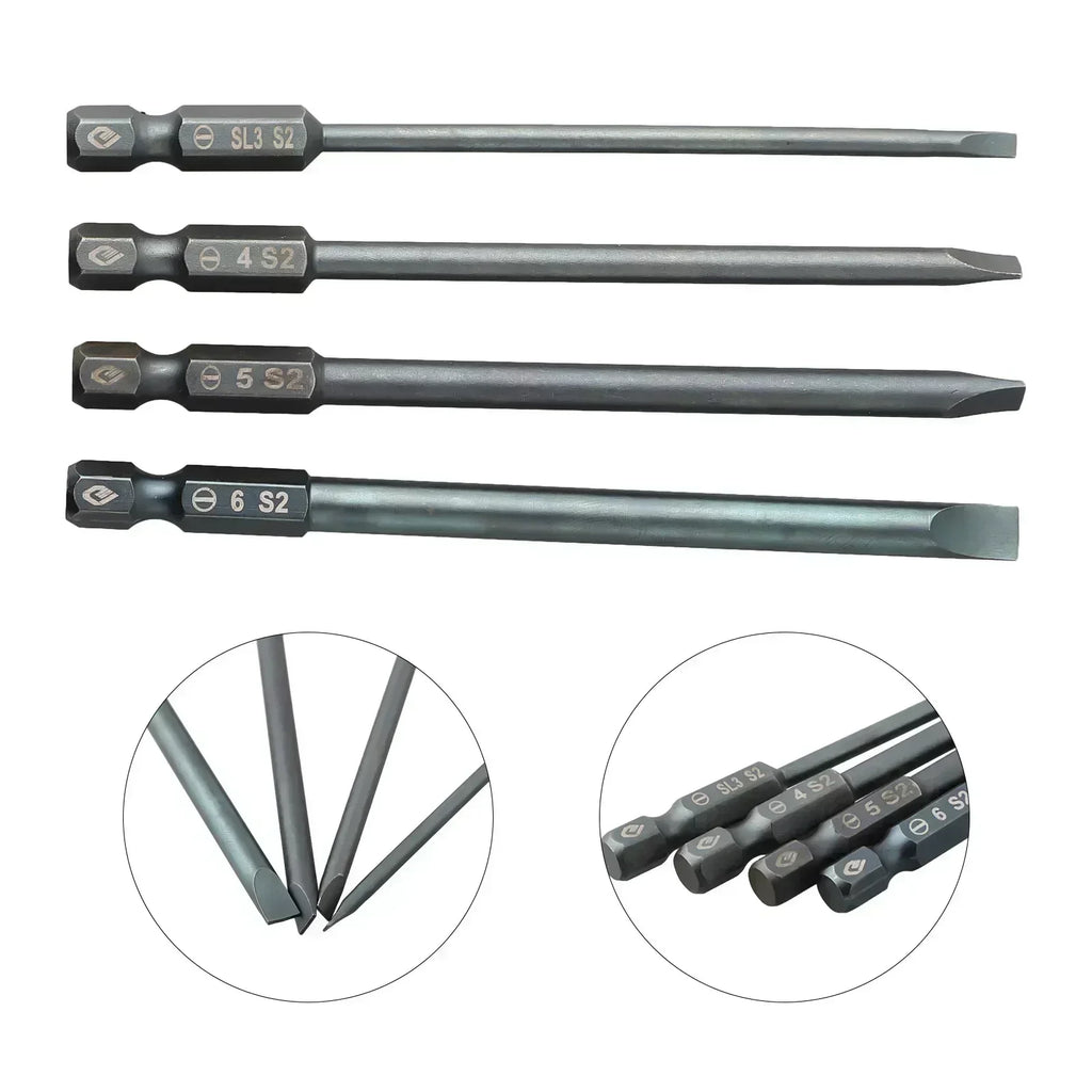 100mm Magnetic Slotted Screwdriver Bit 1/4" Hex – SL3 to SL6 Screwdriver Bit Axl