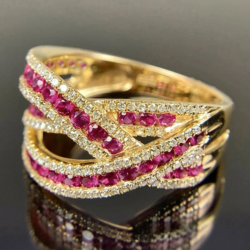 Huitan Rose Red CZ Cross Ring – Women's Wedding Band Fashion Ring Axl