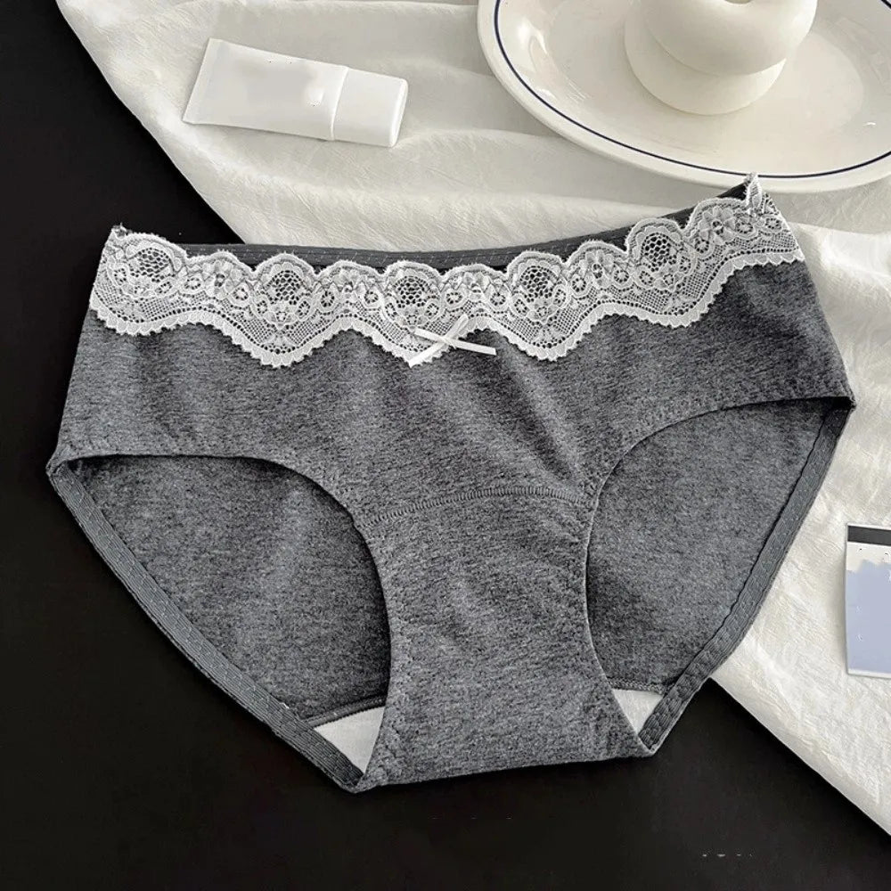 Women's Soft Floral Lace Bow Briefs – Comfortable Panties M–XL Lace Briefs Axl Black Grey 1XL 1pc