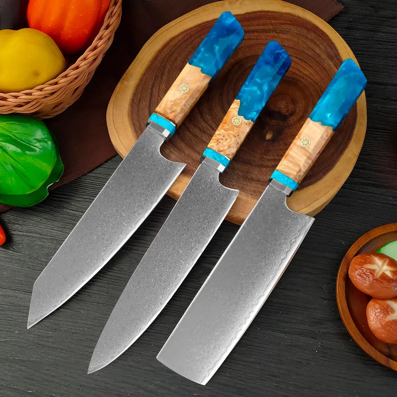 InLeung Damascus Steel Chef Knife – Handmade Japanese Kitchen Damascus Chef Knife Axl 3PCS knife set