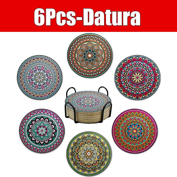 6-Piece Boho Mandala Ceramic Coasters Set with Holder Ceramic Coaster Set Axl 6pcs-Datura