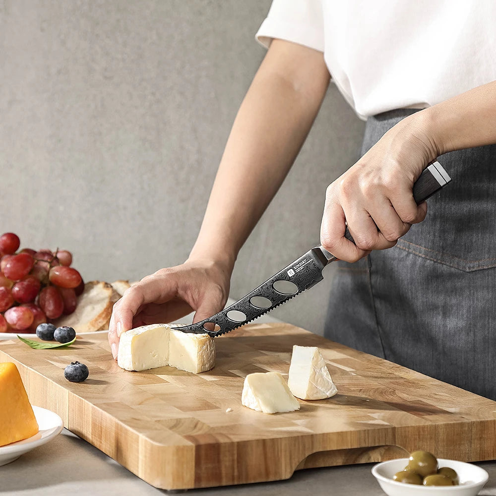 XINZUO Damascus Steel Cheese Knife 5.12" – Ebony & G10 Handle Damascus Cheese Knife Axl